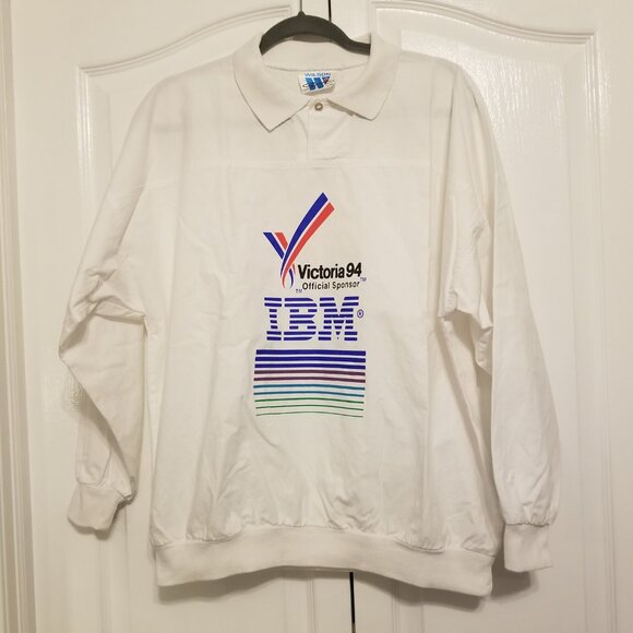 Vintage 90's White Collared Polo Sweater IBM Victoria 94 Wilson Sport Cotton L - Picture 8 of 14